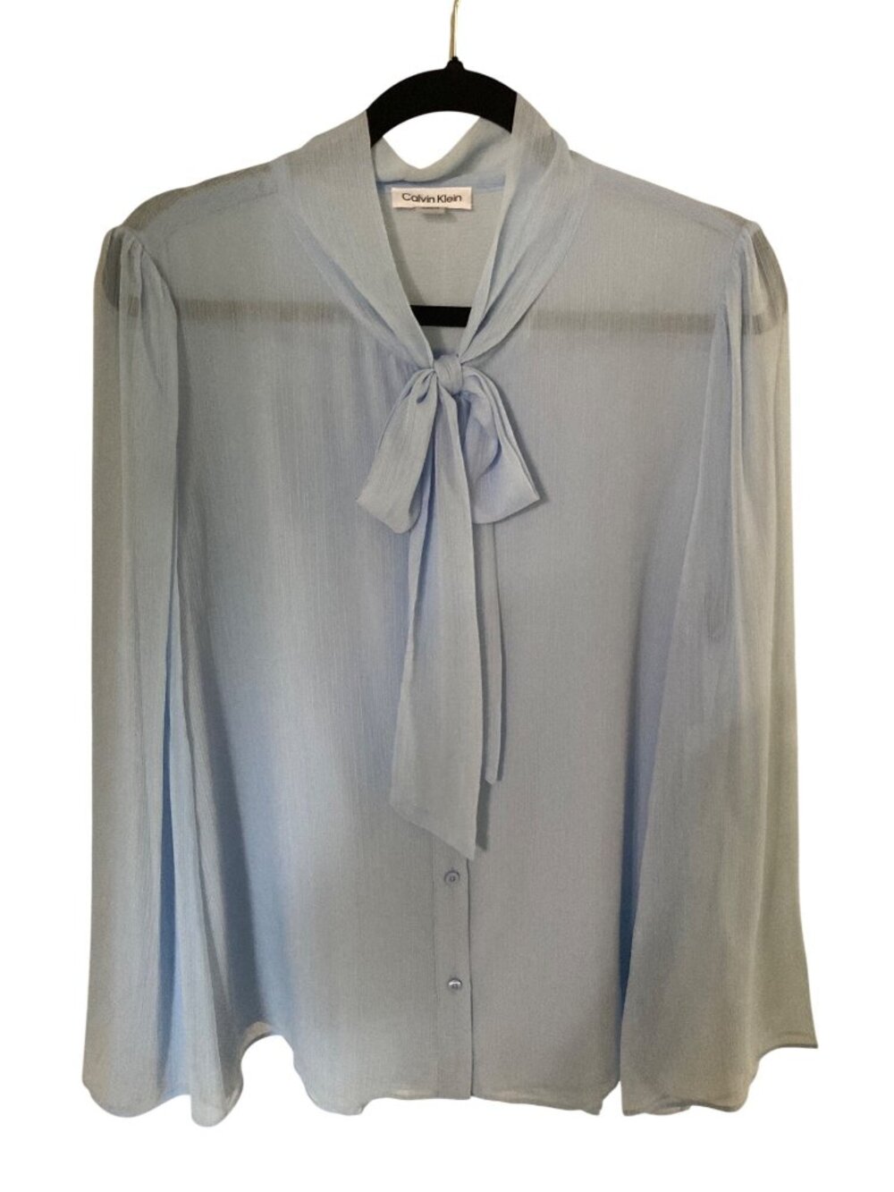 Calvin Klein White Front Tie Neck Blouse Blue Wide Open End Long  Sleeve  NWT